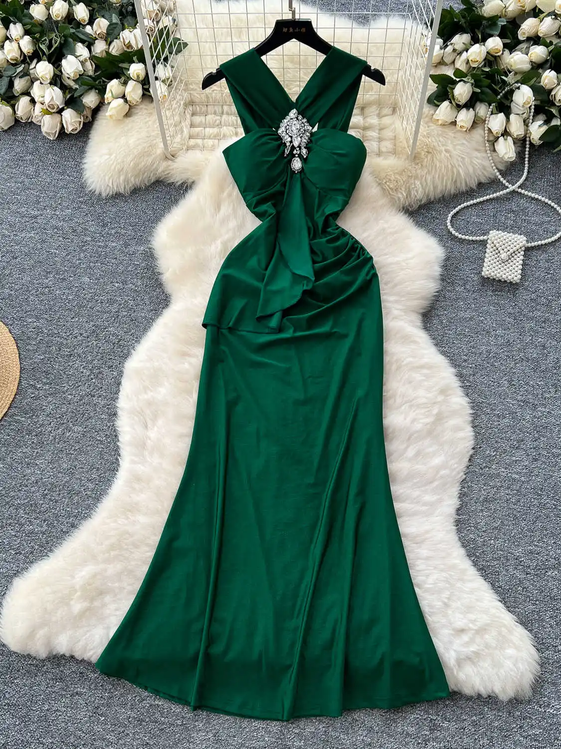 

Women's Green Evening Dress Vintage Elegant Off Shoulder Luxury Dresses Robe Y2k One Piece Frocks 2000s Fashion Clothes Summer