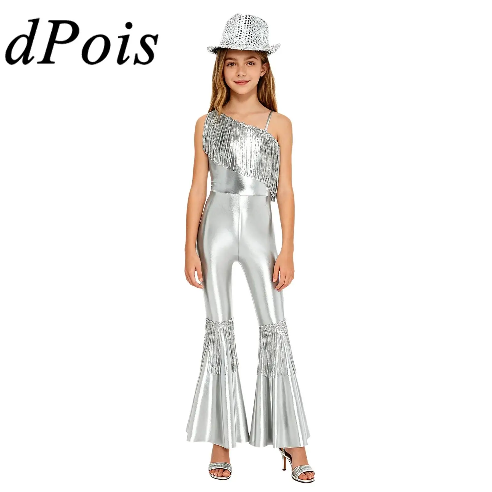 

Kids Girls Sequins Pageant Party SetsJazz Dance Costume One Shoulder Tassels Flared Jumpsuit Hippie Hip Hop Disco Costumes