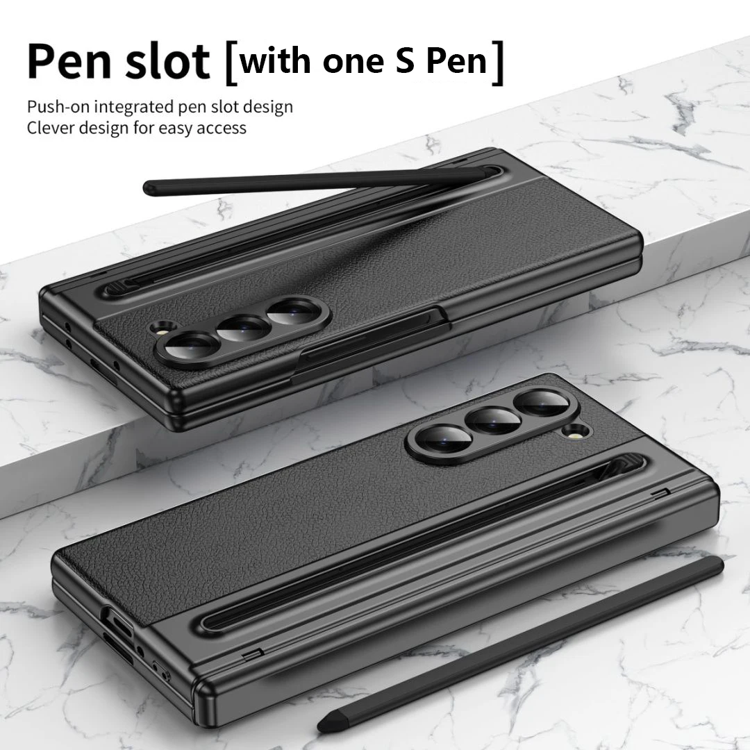 S Pen Phone Case for Galaxy Z Fold6 Fold7 Hinge Protection & Built-in Screen Protector Leather Phone Cover for Fold4 Fold5 Blue