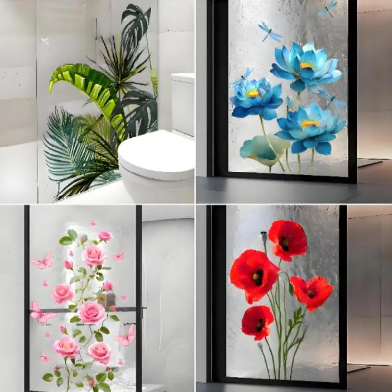 Green Plant Glass Sticker,Flowers Bathroom Shower Room Privacy Decoration Removable Self-Adhesive Wall Decal Home Decor