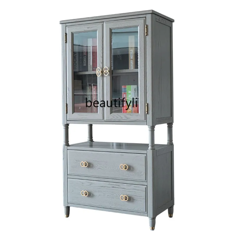 

Gray Locker Living Room Wall High Grade Gray Bookcase Dining Side Light Luxury Wine Cabinet Solid Wood American Style