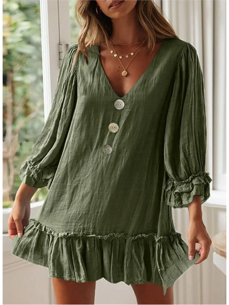 

Spring Summer Fashion New V-Neck Loose Long Sleeve Cotton Linen Mini Dresses Women's Casual Solid Hemline Ruffles A- Line Dress