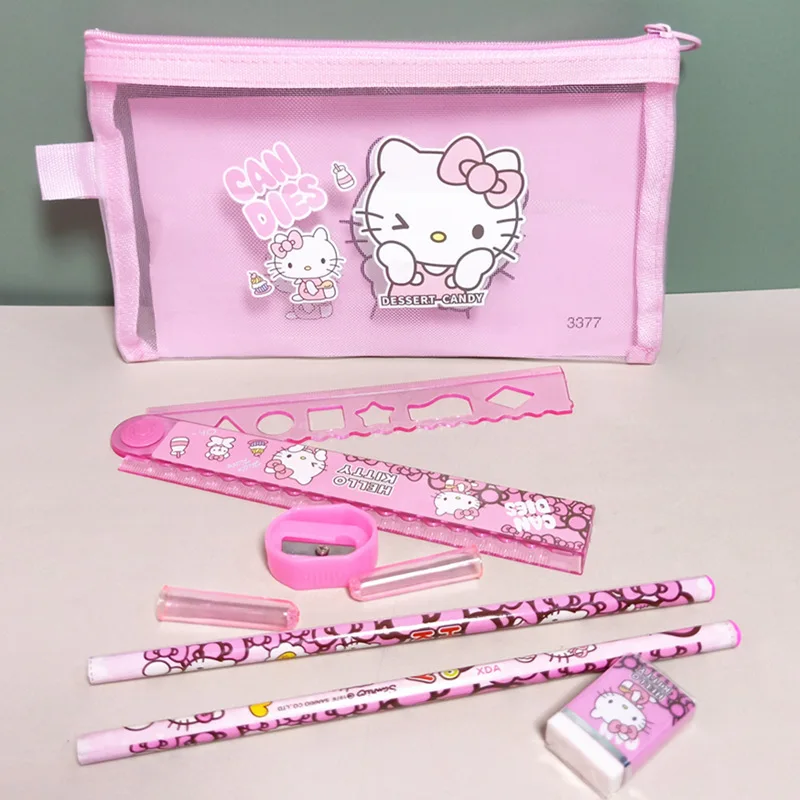 Hello Kitty Mesh Bag Stationery Set Sanrio Cartoon Kuromi Ruler Pencil Sharpener Eraser Set Kids Notebook School Supplies Prize