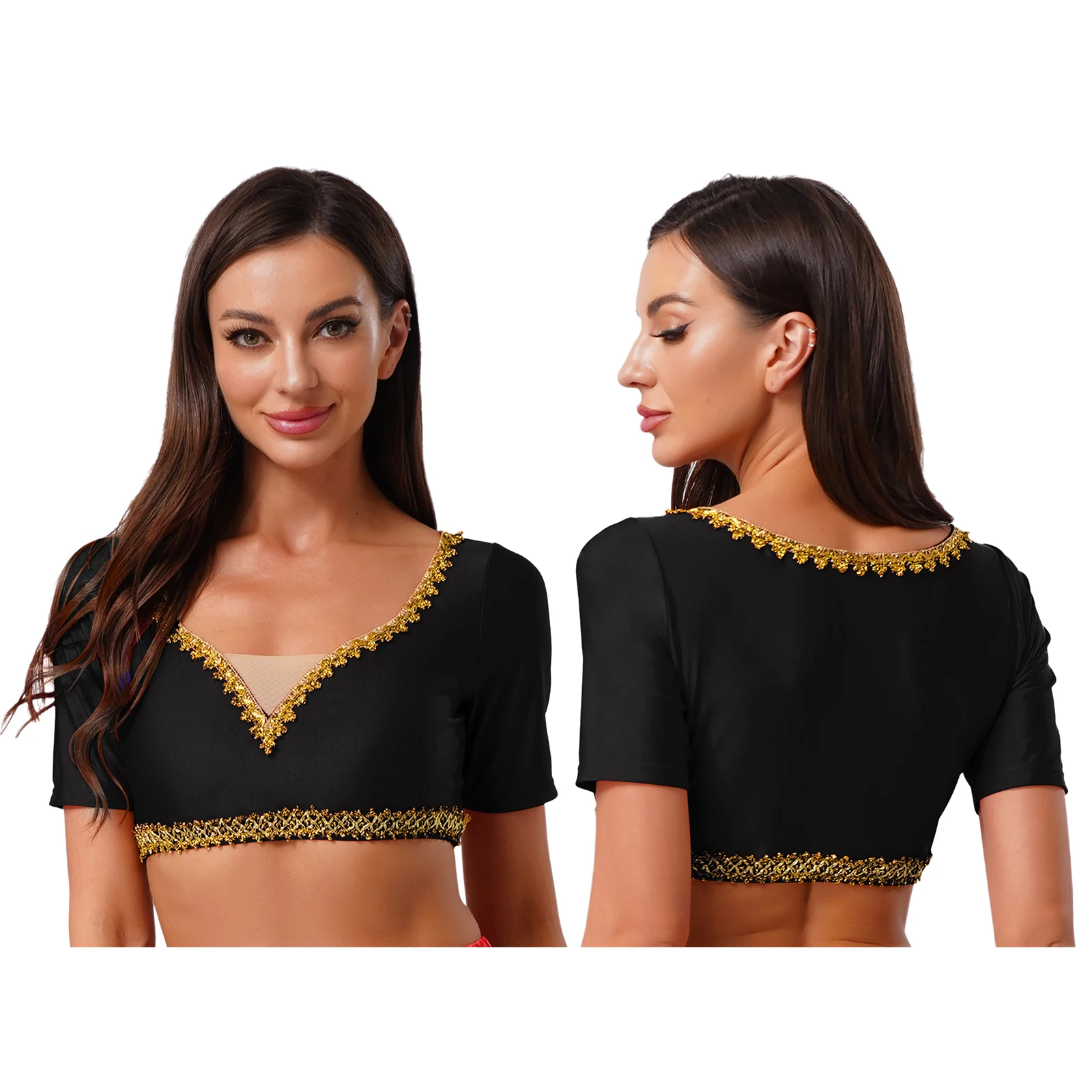 Costume da danza del ventre da donna Top camicetta corta con finiture dorate luccicanti Abbigliamento da pratica a maniche corte traspirante per danza indiana del Medio Oriente