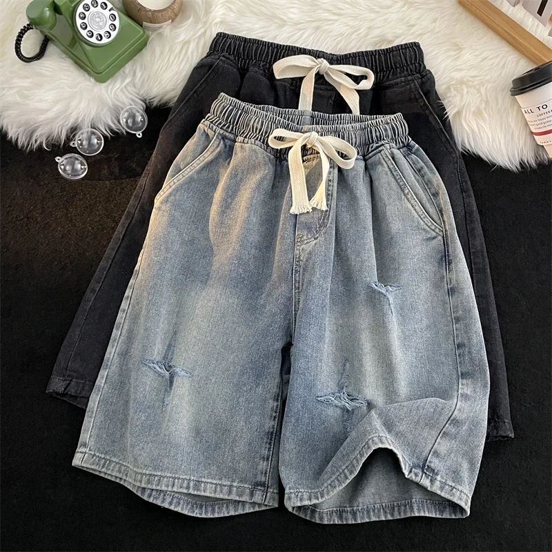 

Dstring Elastic Waist Denim orts Men Summer Street Sle Loose Straight Leg Large Size Casual Five-Point Mid-Pants