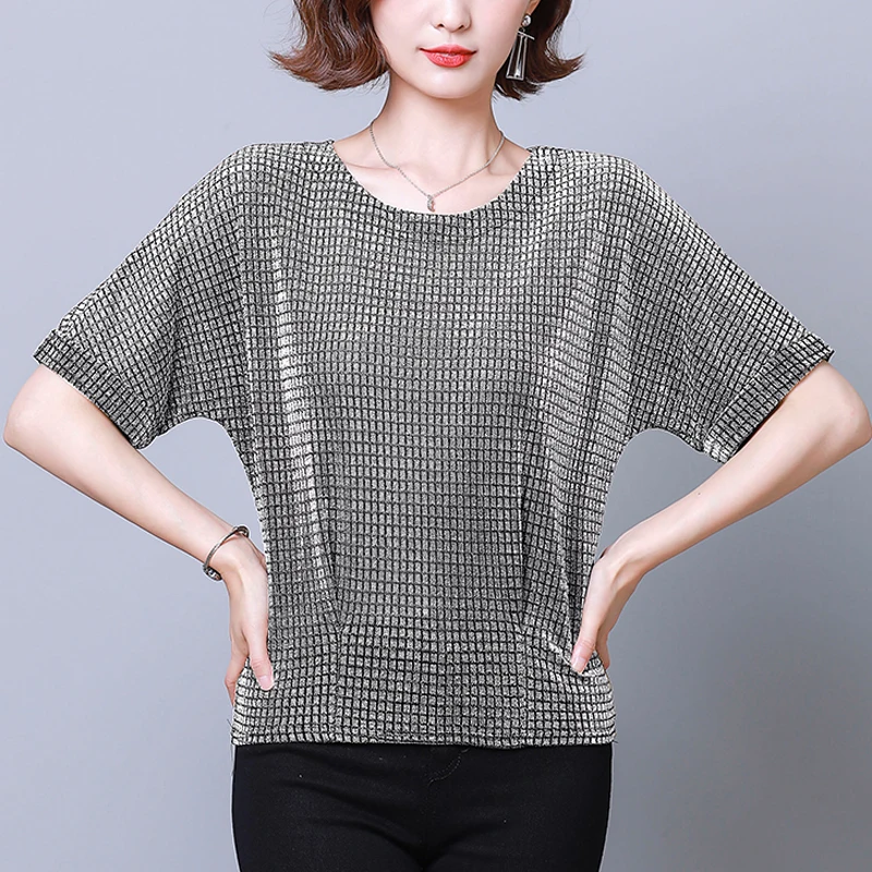 

Summer Elegant Shiny Sequin T-shirt Casual O-neck Bright Silk Women T-Shirt Fashion Plaid Short Sleeve Tops Female Blusas 15770