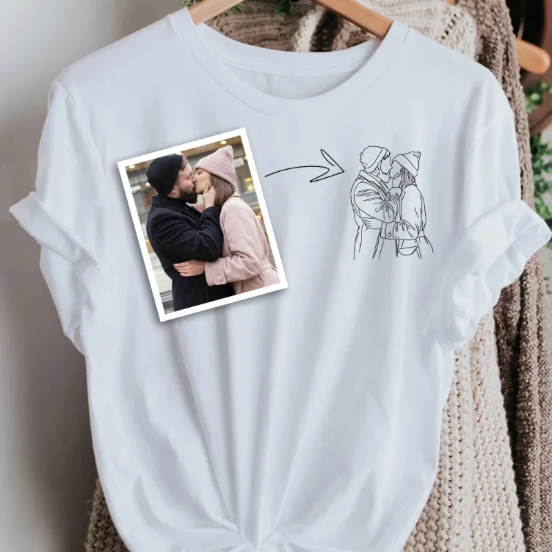 Custom Couple Line Art T‑Shirt Personalized Photo To Line Drawing Portrait Tee Customized Lover Anniversary Valentine Gift Shirt