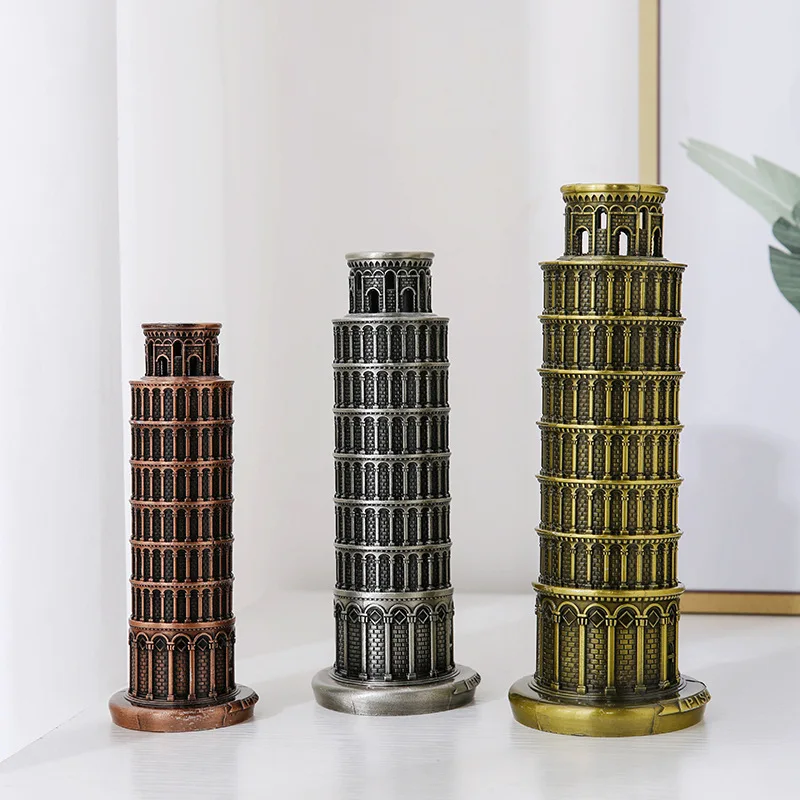Zinc Alloy Leaning Tower of Pisa Sculpture Hand‑made Vintage Architectural Model Desktop Ornament for Home Office Table Decor