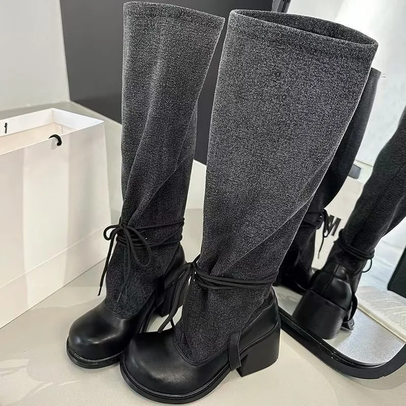

Black Long Boots Women's Hot Sale of The Season New Autumn Winter Thick Bottom Heightening British Style Retro Women's Boots