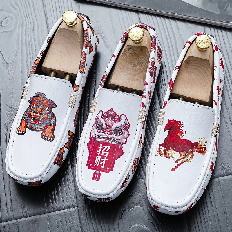 Large Size 38-48 Penny Loafers Men Casual Shoes Leather Man Moccasins Horse Print Lightweight Slip-On Flats Mens Driving Shoes