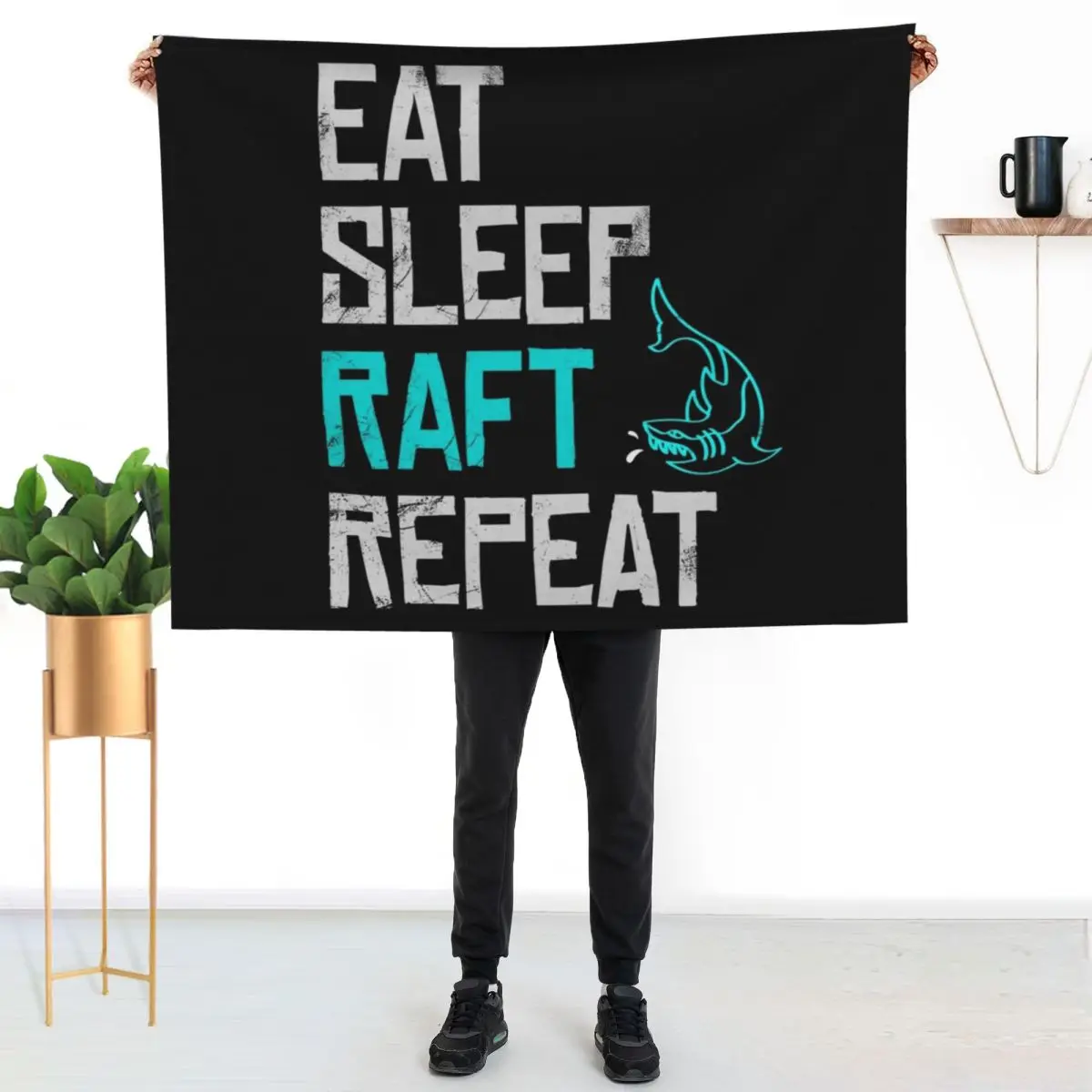 Raft Game Eat Sleep Raft Repeat Funny Shark Attack Throw Blanket Retros Flannel Custom Moving Blankets