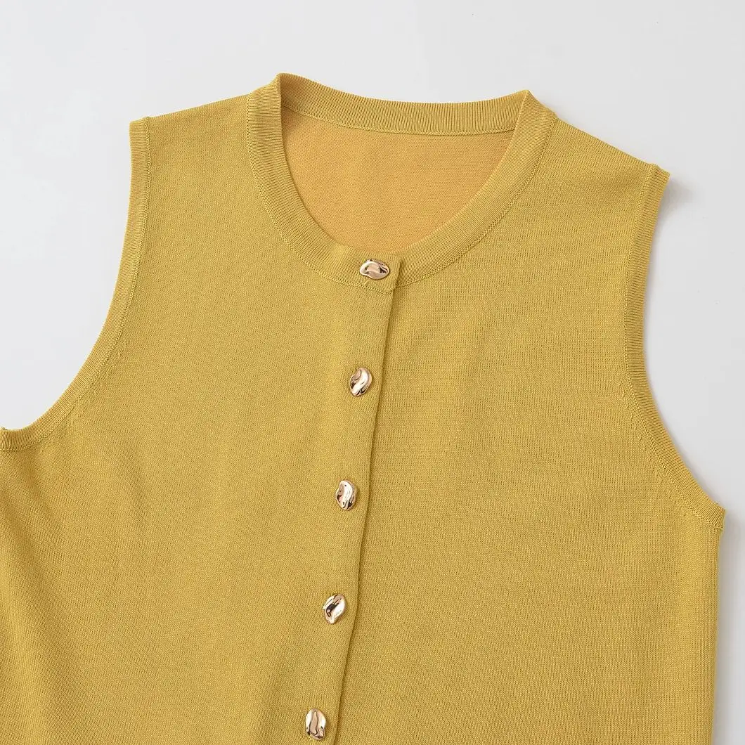 TRAF Women Knitted Waistcoat 2024 Autumn O Neck Sleeveless Gold Buttons Sweater Cardigan Vest Y2K Crop Top Tanks