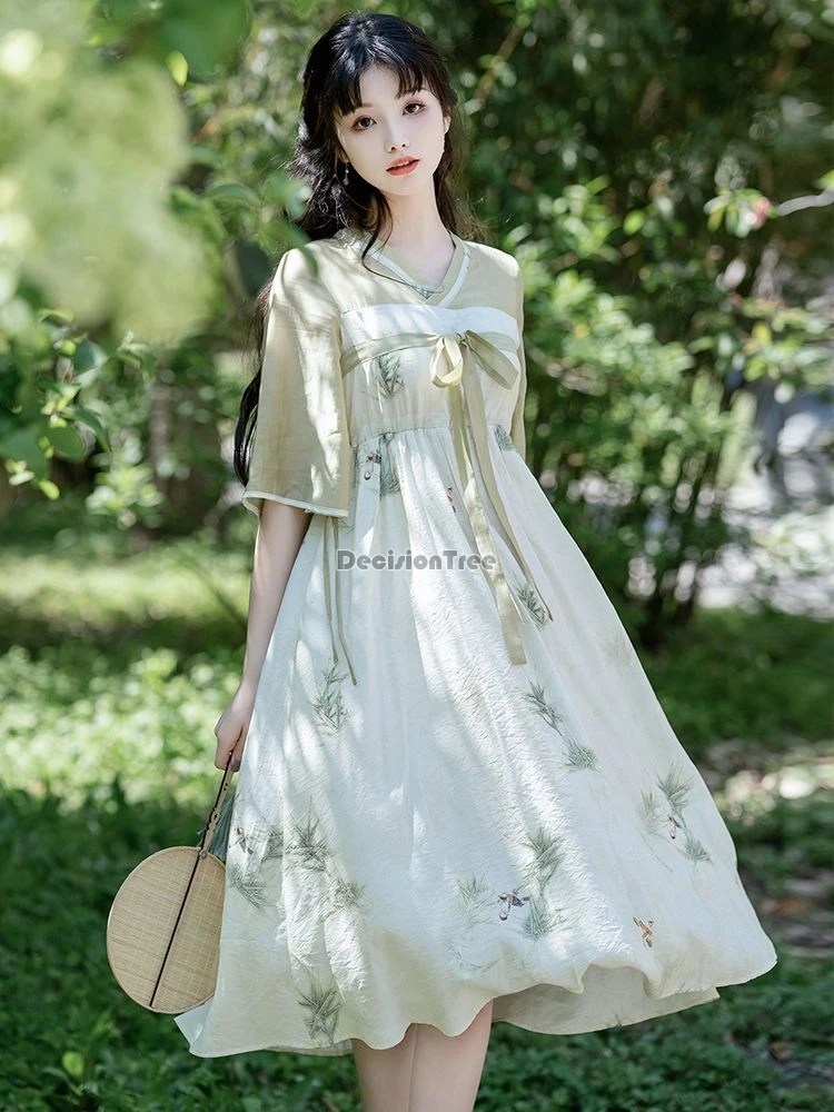 

2024 summer green fresh literature art daily hanfu improved chinese style floral printing hanfu vintage fairy princess tea dress