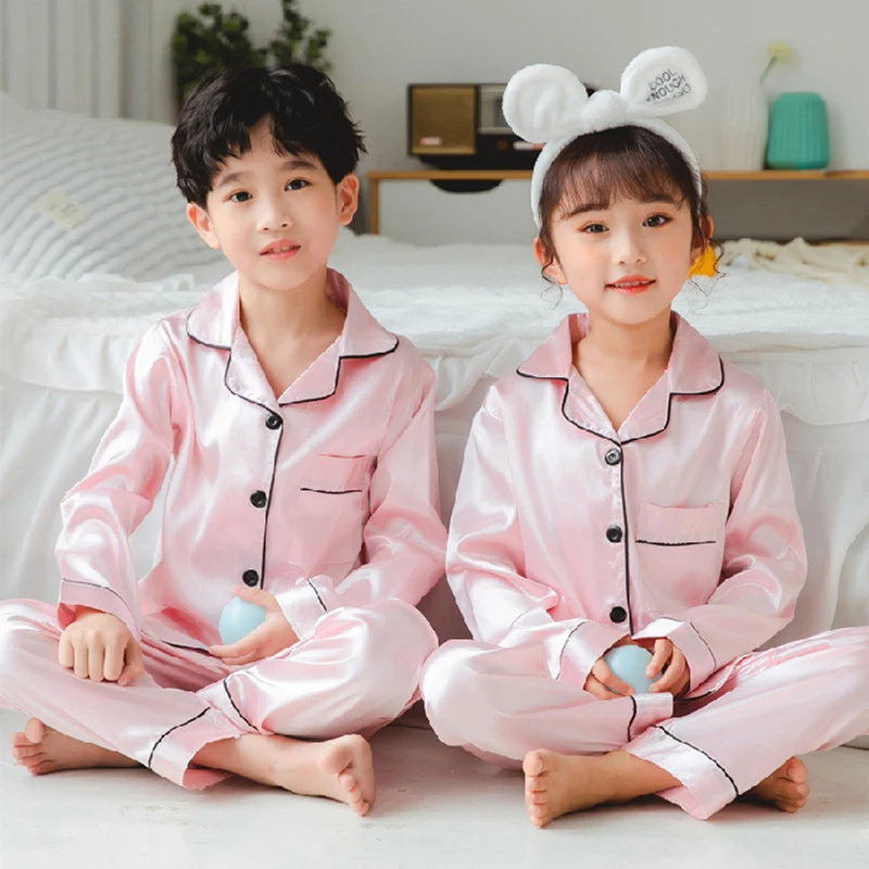 New Children Silk Satin Pyjamas Set Baby Sleepwear Pijama Solid color Pajamas Suit Boys Girls Sleep Set Autumn Kids Loungewear