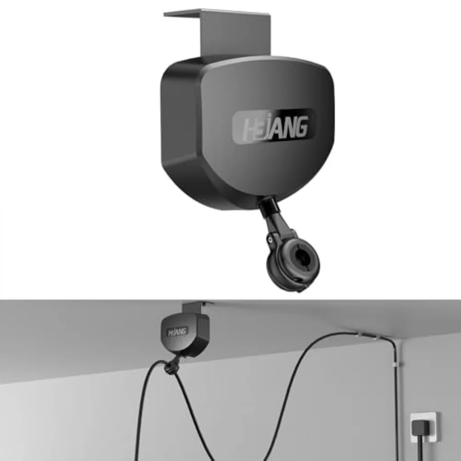 

Ceiling mount EV charger cable retractor for garage use, durable steel construction, black finish, 11.5ft self-locking automati