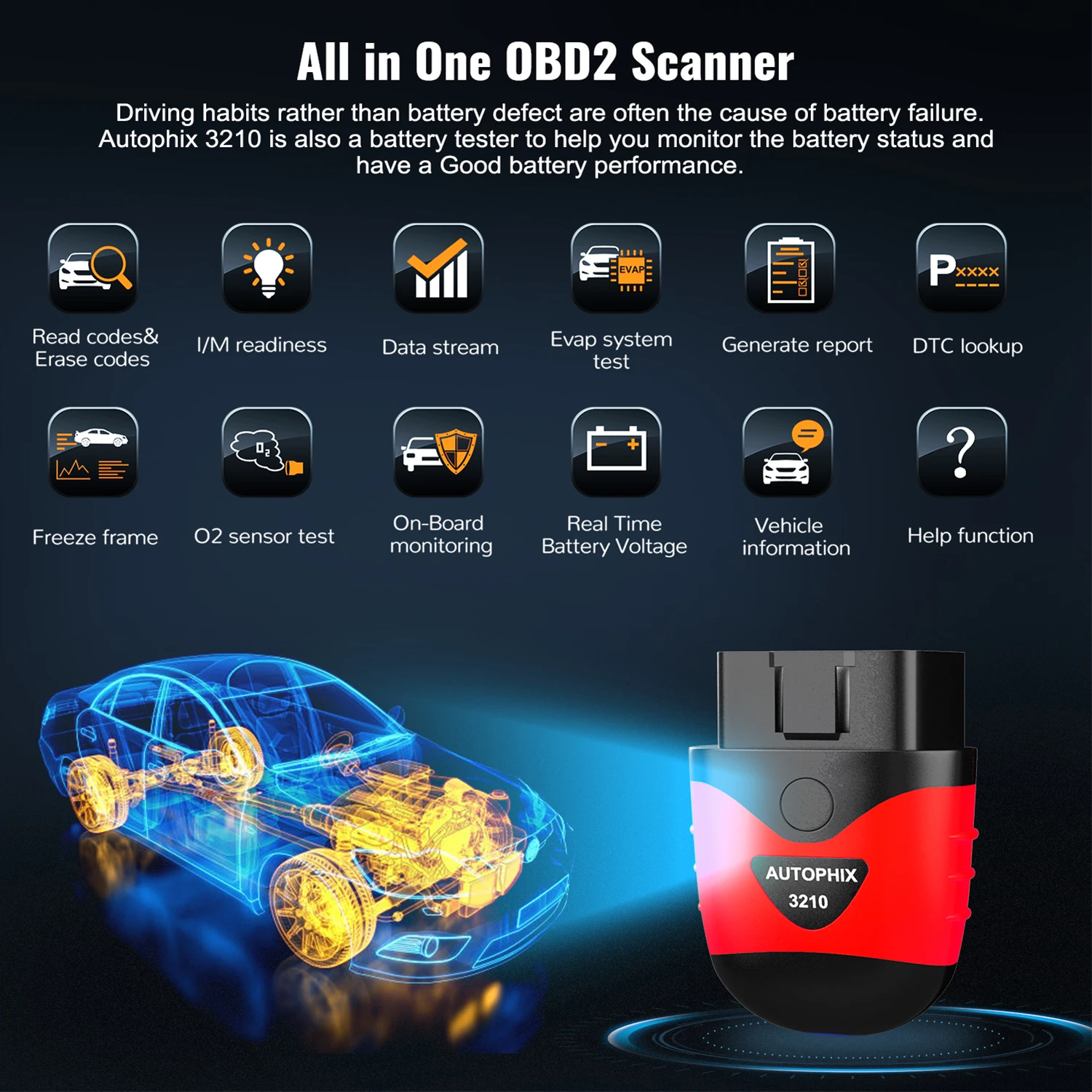 AUTOPHIX 3210 Bluetooth OBD2 Scanner Car Code Reader OBD 2 Diagnostic Scan Tools Battery Test Alarm Setting Performance Test