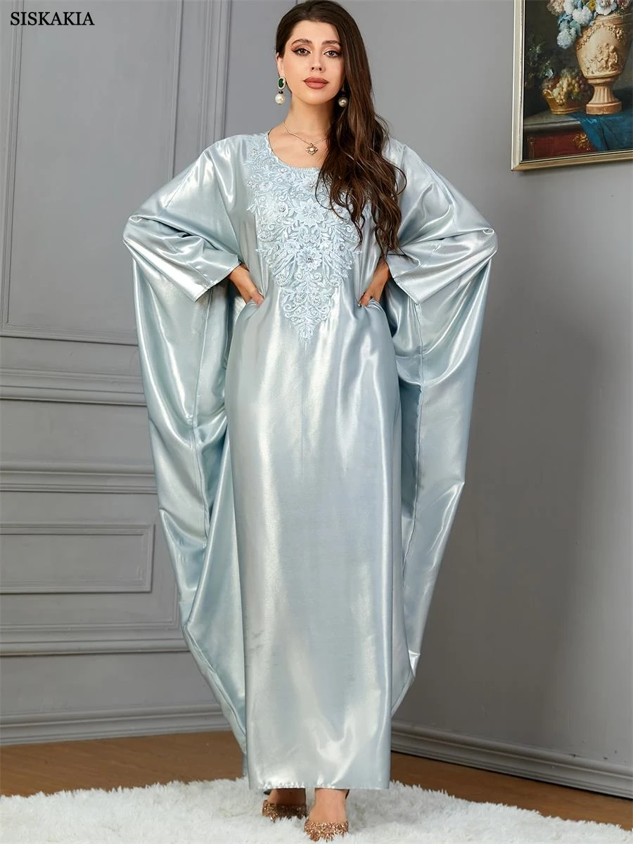 Siskakia Fashion Solid Satin Embroidery Beading Batwing Sleeve Casual Loose Abaya Moroccan Dubai Women Kaftan Evening Party