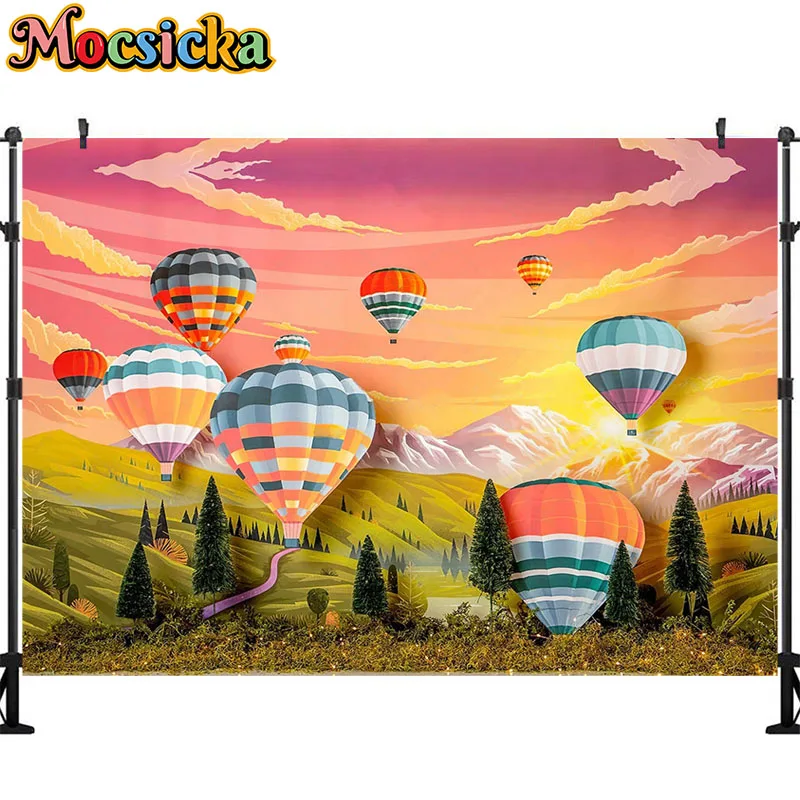 ลูกโป่งลมร้อนสีสันสดใสพื้นหลังสำหรับถ่ายภาพลูกโป่งสีสันสดใสสีเขียวตกแต่งงานปาร์ตี้ภาพเหมือนเด็ก