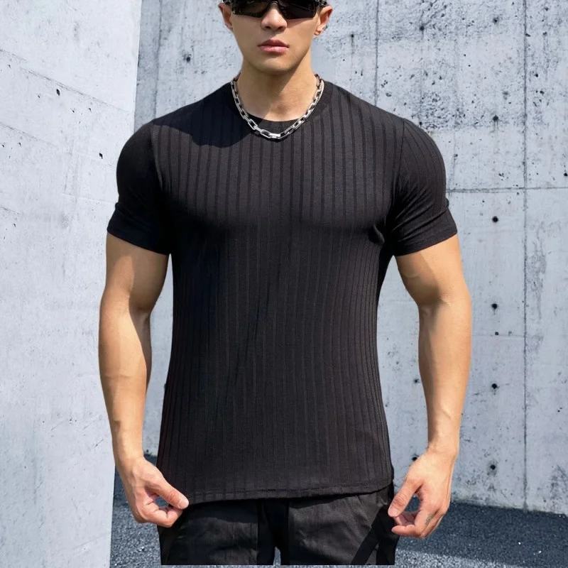 Round Collar elasticity Fitness T-shirt Summer Sports Short sleeved Loose T-shirt Fashion Stripe       running Top Men T-shirt