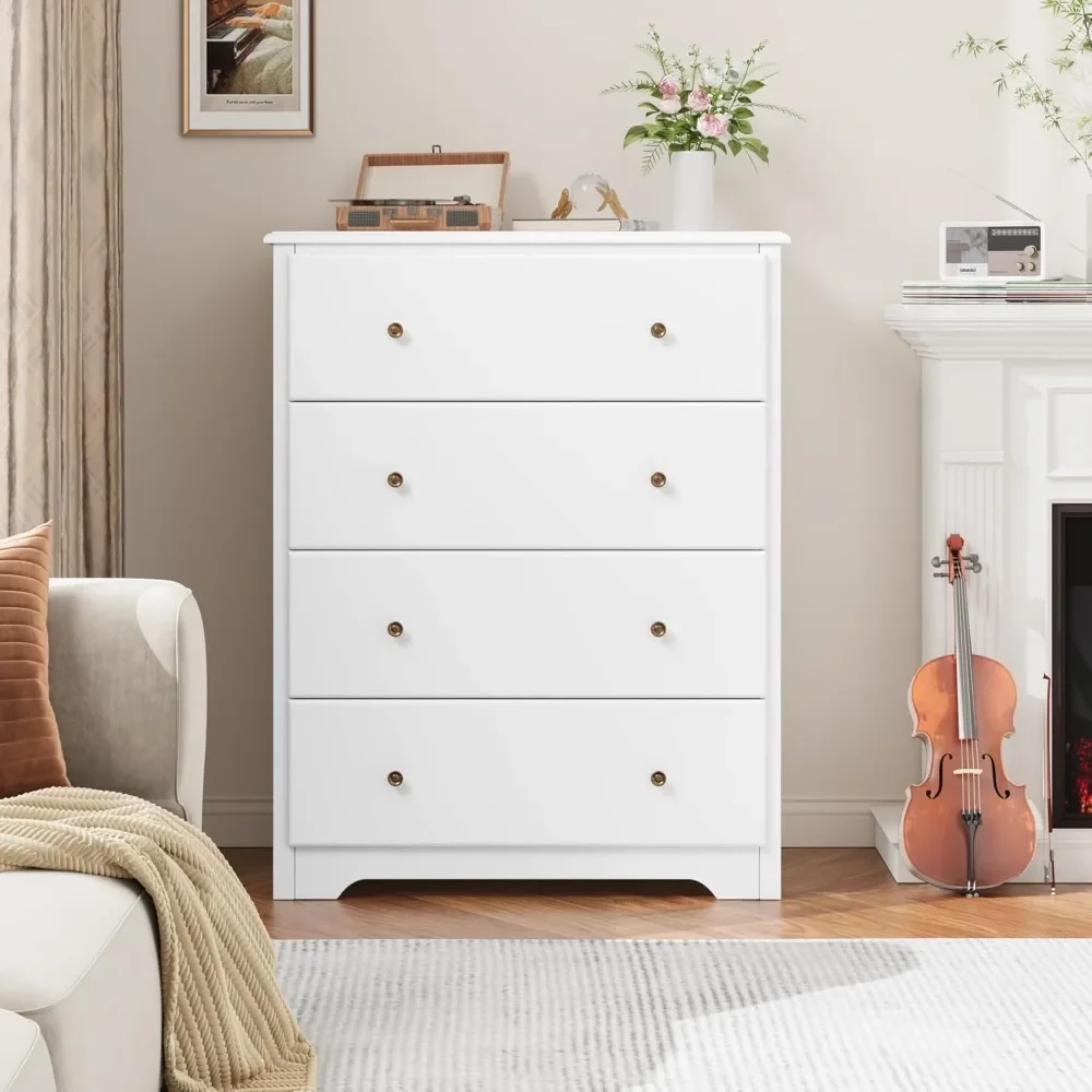 White Dresser, 4 Drawer Dressers Chest of Drawers, Modern Tall Dresser, Wood Drawer Chest Storage Cabinet for Living Room