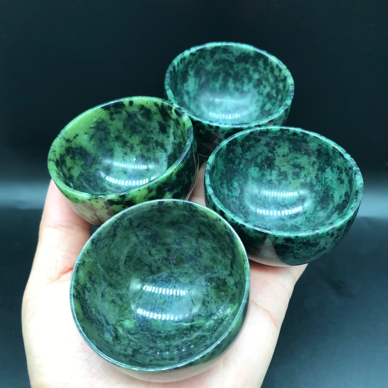 4pcs Dark Green Jade Tea Bowl Health Gongfu Teaware Healing Magnetic Stone Teacups Chinese Tea Ceremony Kung Fu Teaset