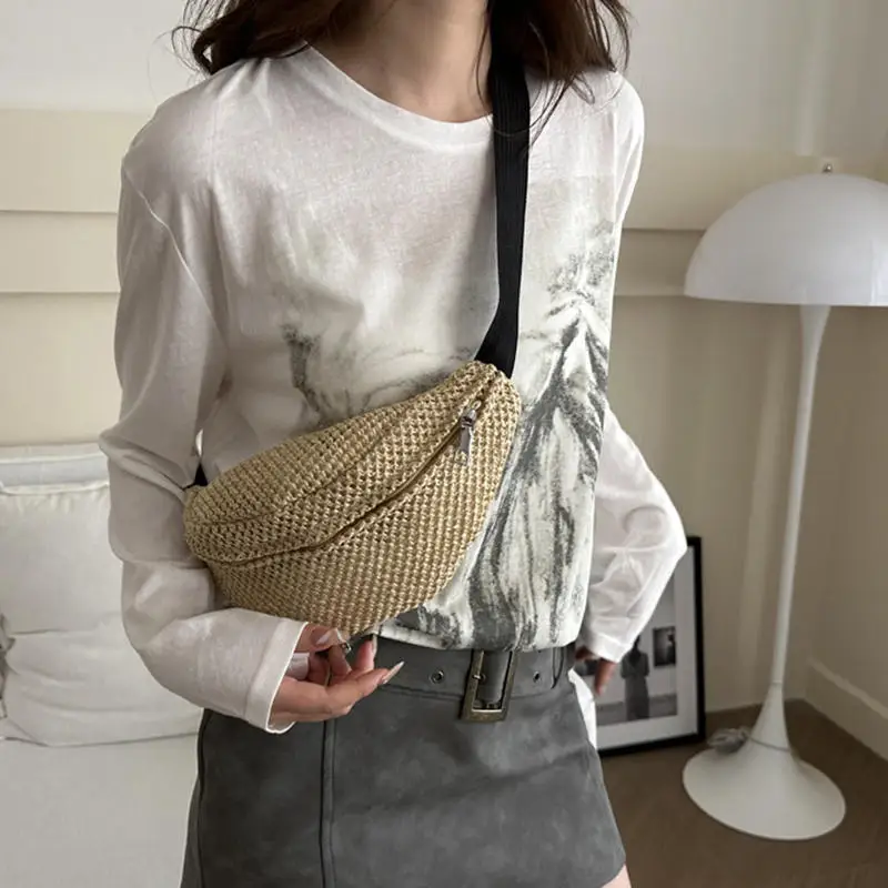 

Half Moon Straw Woven Bag Large Capacity Pocket Phone Bag Travel Woven Handbag Phone Holder Anti-theft Adjustable Sports Pouch