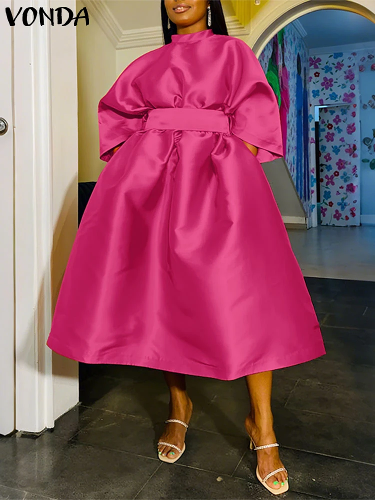 Plus Size Women Dress Solid Elegant Belt Work OL Sundress VONDA 2025 Fashion 3/4 Sleeve Mid-Calf Vestidos Autumn Loose Robe