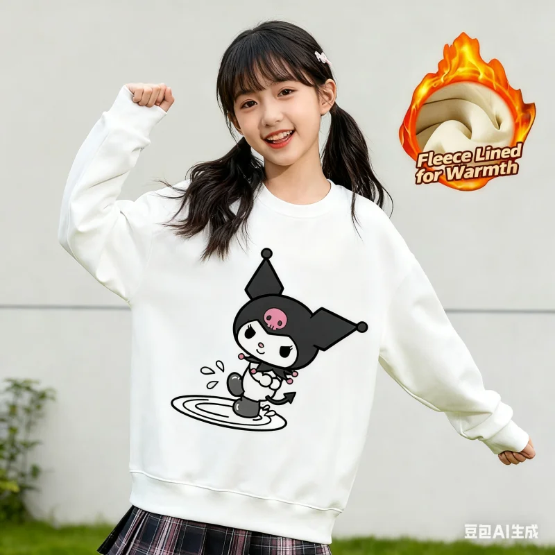 

2025 Sanrio Series Printed Crew Neck Long-Sleeve Top, Cute and Warm Fleece-Lined Crew Neck Long-Sleeve T-Shirt, 100% Cotton