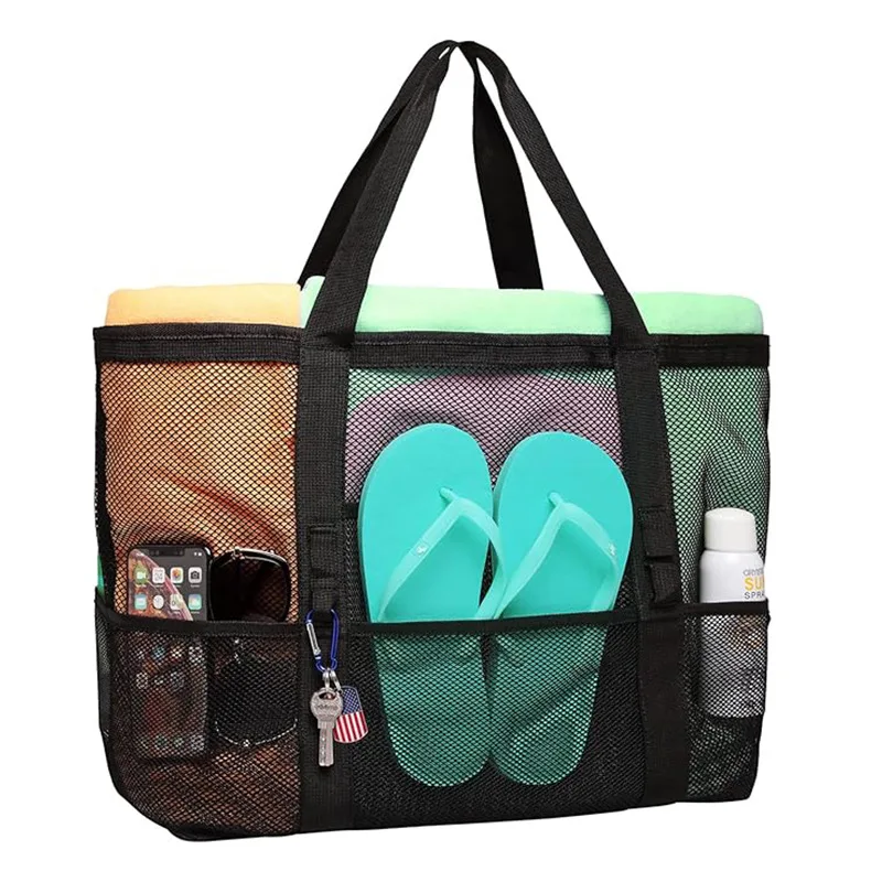Quick Dry Breathable Mesh Beach Tote Bag,Multi-Pocket Sandproof Waterproof Organizer for Family Beach Trip Pool Spa Gym Camping