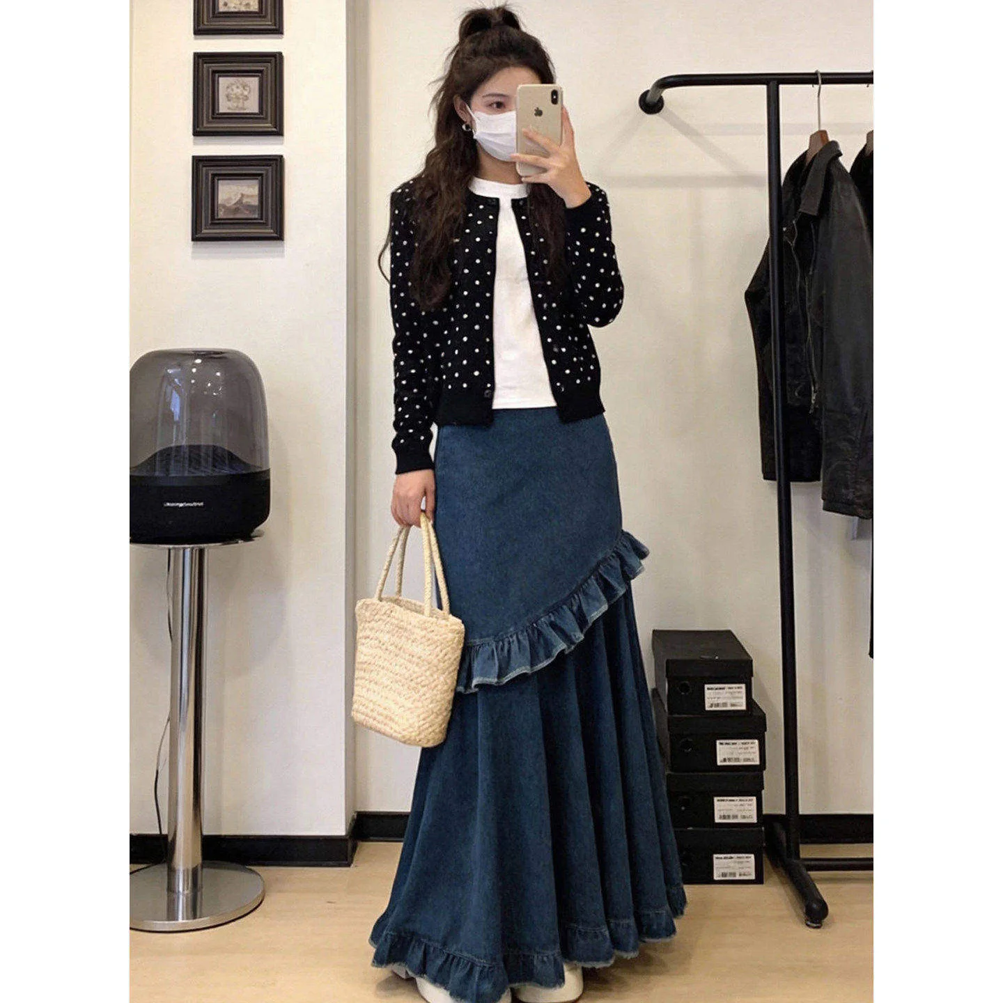 Vintage American Blue Denim Ruffle Midi Skirt High Waist Asymmetrical Ruffle Flare Skirt Sweet Feminine Y2K Cute Casual Outfits