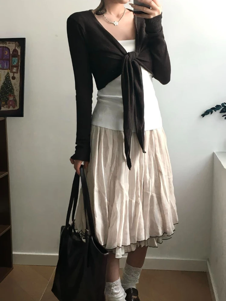 Harajuku Y2K Sweet Retro Lady Midi Skirts Women Khaki Loose Pleated Tiered A-Line Skirt Japanese Casual Chic Coquette Outfits