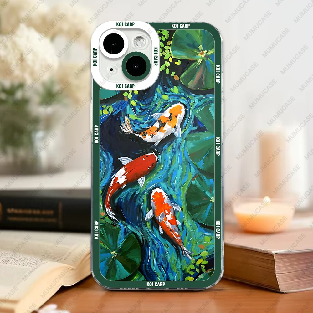 Case For iPhone 16 15 14 13 Pro Max 12 Mini 11 XS X XR SE 7 8 Plus Soft Cover Koi Carp
