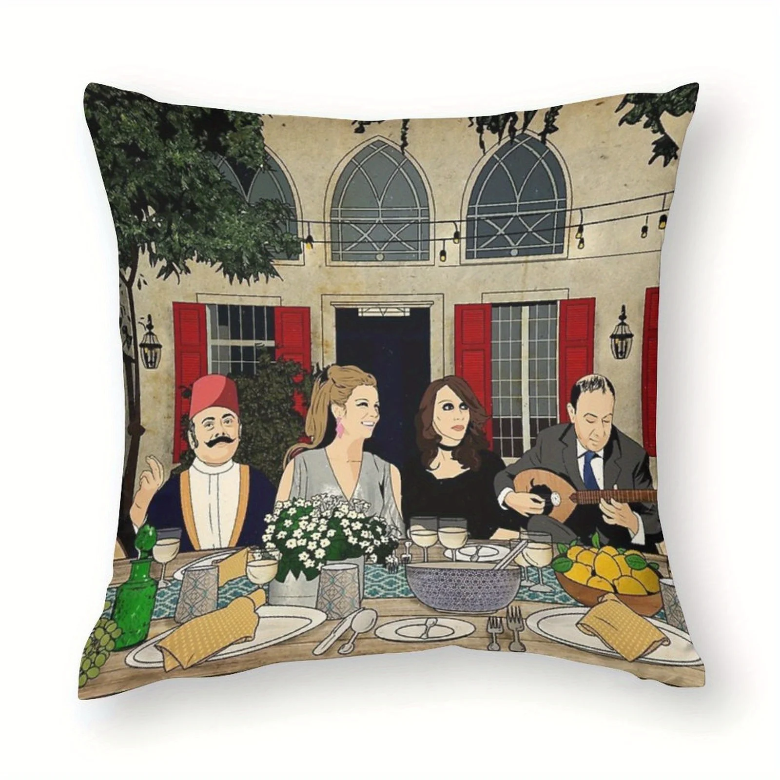 1pc Lebanese Party Pillow Cover, Arabic Dining Scene & Guitarist Print, Traditional Lebanese Home Decor Cushion Case