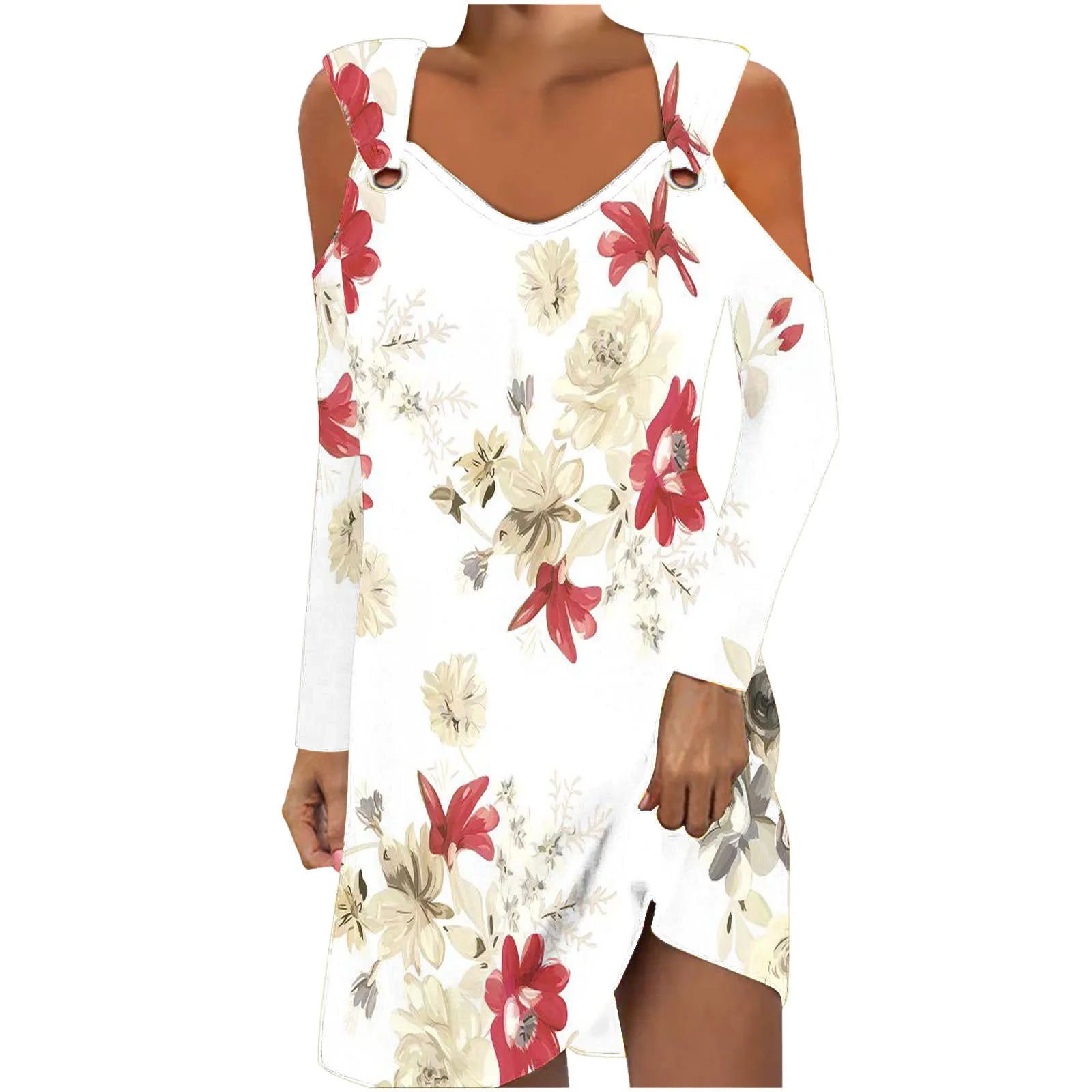 Women Casual Mid Length Dress Fashion Flower V Neck RingBuckles Suspender Off Shoulder Long Sleeve Beach Dresses For Women