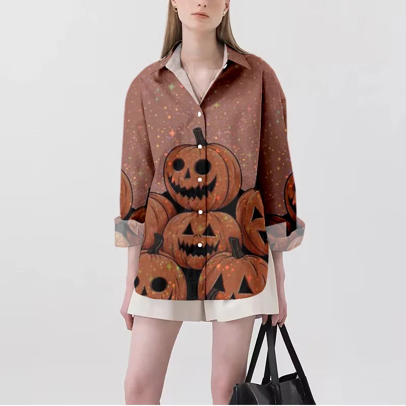 Casual Shirt Women's Gothic Halloween Skull Shirt Long Sleeve Loose Versatile Shirt Autumn/Winter Limited Edition Clothes