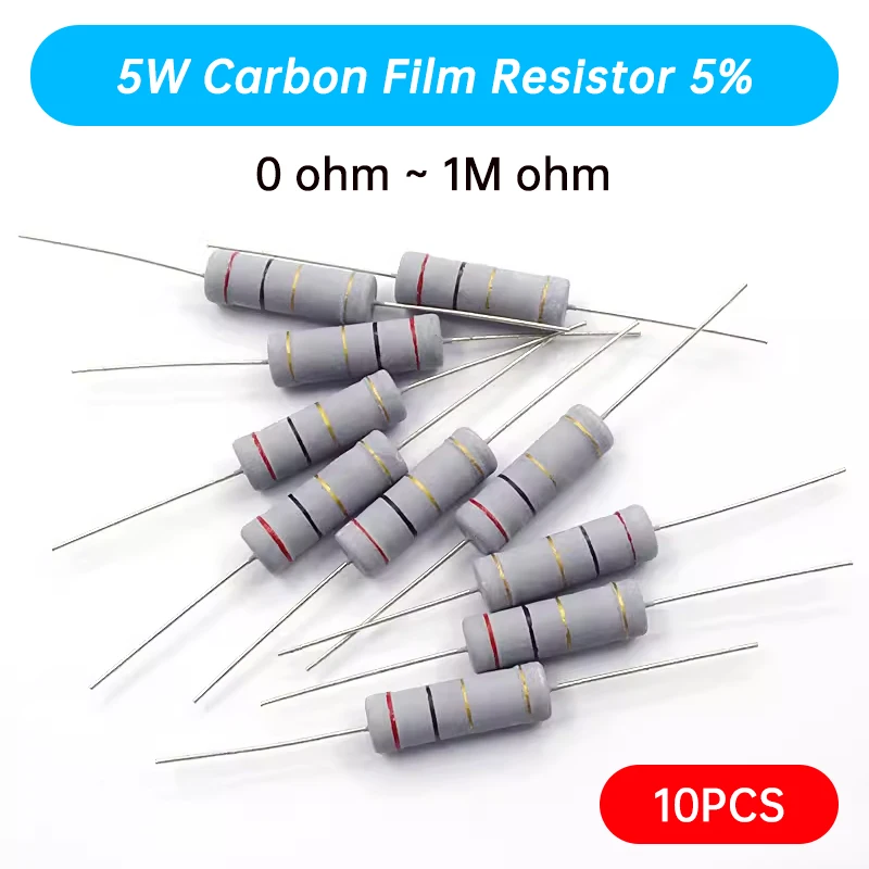 Resistencia de película de carbono, 10 piezas, 5W, 5% 1R ~ 1M 2.2R 10R 22R 47R 51R 100R 150R 470R 1K 4,7 K 10K 47K 1 2,2 10 22 47 51 100 150 470 Ohm