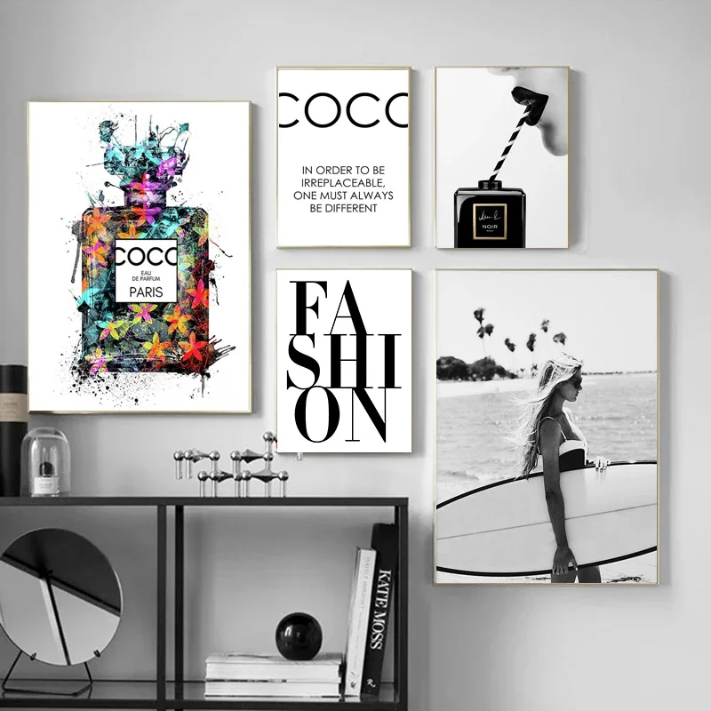 يقتبس الموضة المشارك طباعة امرأة العطور الرسم على لوحات القماش الجدارية أسود أبيض صور لغرفة المعيشة ديكور المنزل لا الإطار