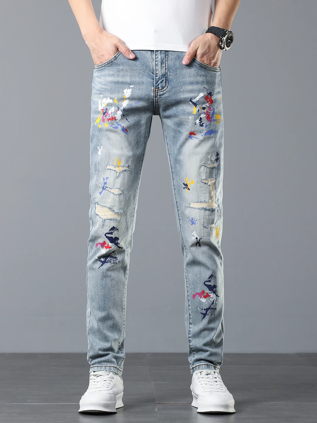 

Светло-голубые мужские повседневные джинсы из хлопка с эластичными вставками и прорезями, весенние, зауженные, длинные, износостойкие, со средней посадкой, на молнии