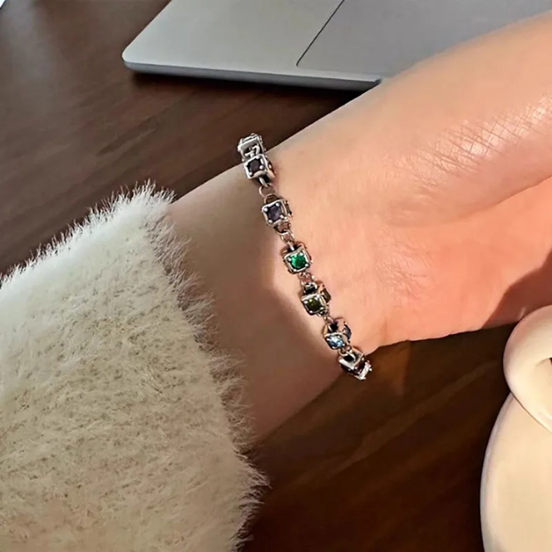Foxanry Vintage Punk Chain Bracelets for Women Couples New Trendy Elegant Sparkling Colorful Zircons Wrist Jewelry Party Gifts
