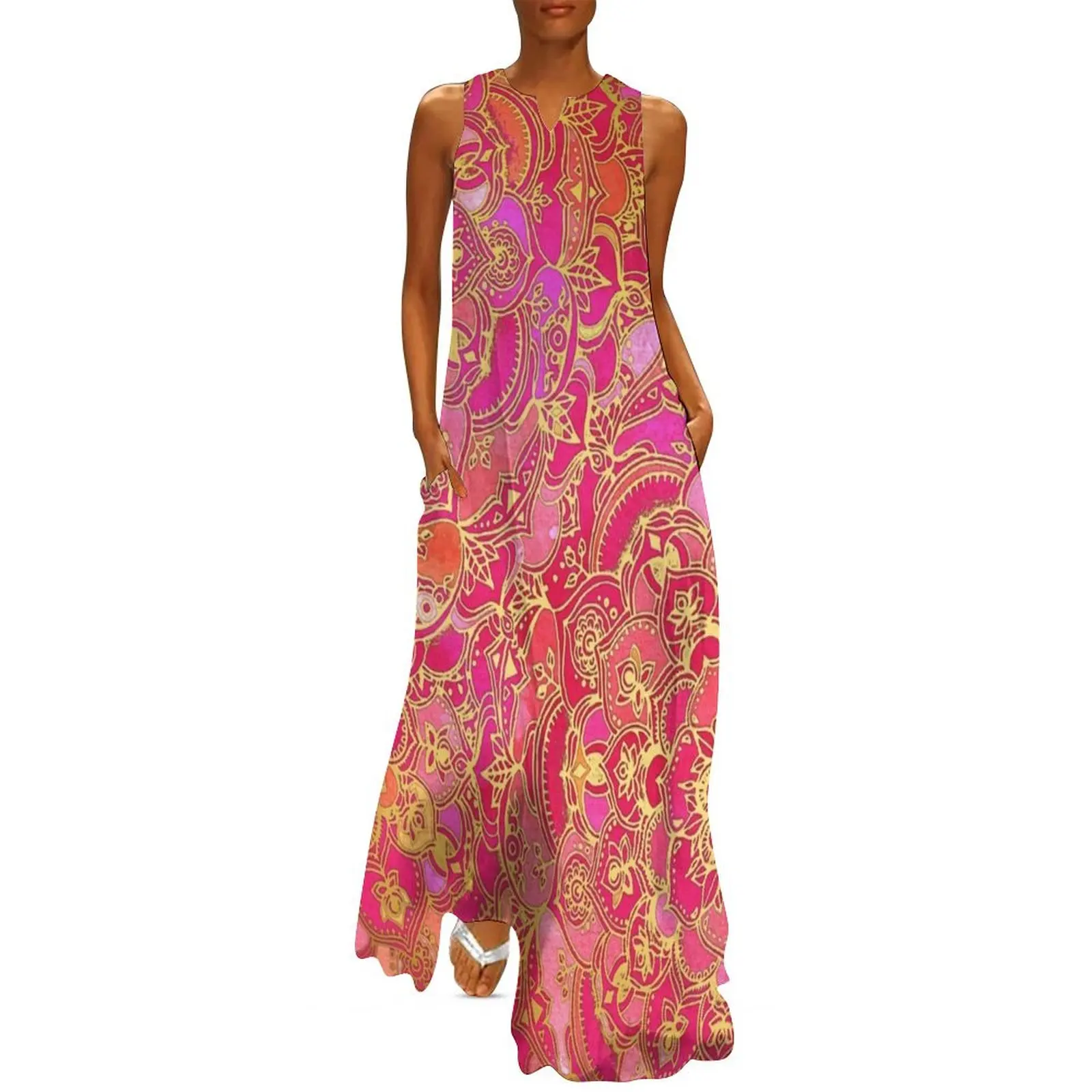 

Hot Pink and Gold Baroque Floral Pattern Long Dress Elegant gowns prom dress 2024 evening dress ladies