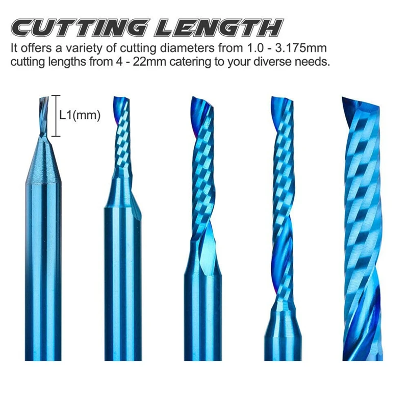 ABBN-10Pcs Spiral End Mill 1/8 Inch Shank Blue Coating CNC Cut Router Bit Single Flute Milling Cutter 1 1.5 2 2.5Mm For Wood