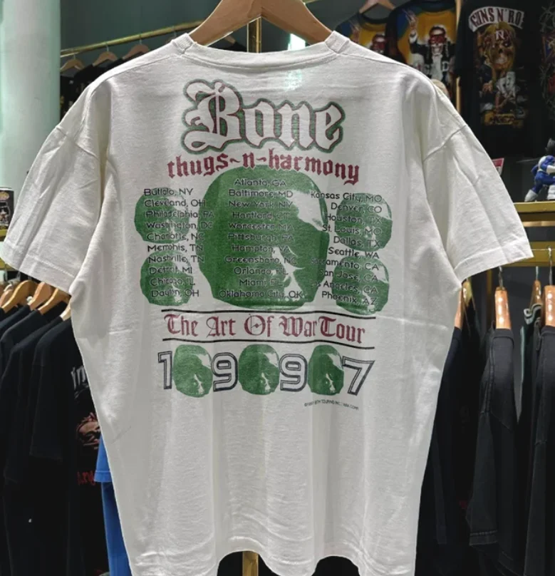 1997 Bone Thugs N Harmony 'Art Of War' Rare Washed White Rap Tee Fit Y2K Style Underground Print Loose Fit Retro Grunge