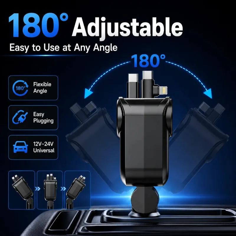 Retractable Car Charger Dual Type C Lightning Cables 60W Socket Expansion LED Display 180 Degree Adjustable 12V 24V
