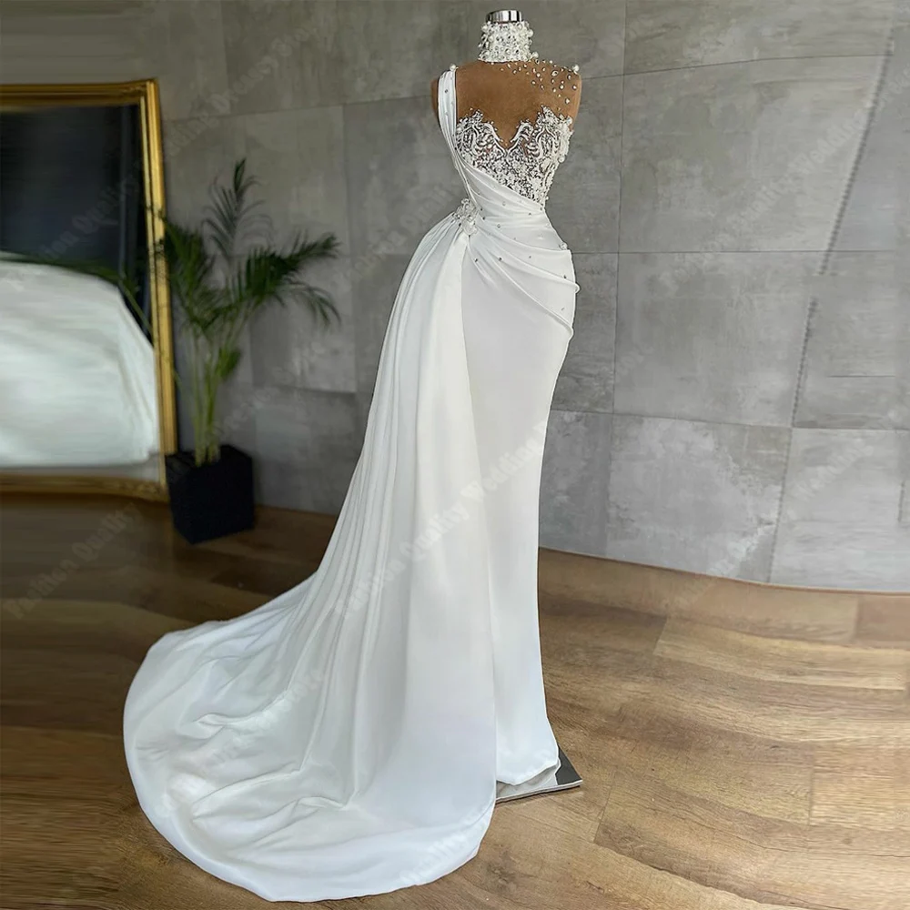 

Shine Satin Surface Women Wedding Dresses Sexy Sleeveless Mermaid Bridal Gowns Bright Lace Printing Princess Vestidos De Novias