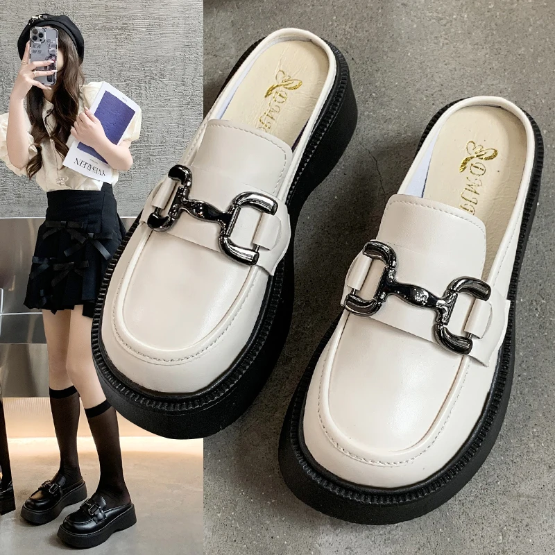 Closed Toe Slippers Women 2024 Autumn New Outer Wear Muffin Half Slippers Heel-Free Platform Fashion Mules Shoes Women