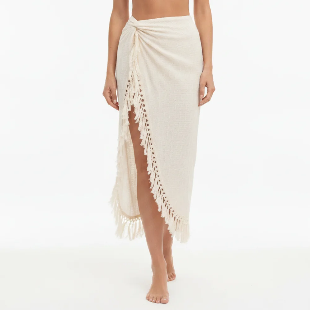 Asymmetrical Hem Midi Skirts Tassel Detail High Side Slit Design Boho Skirts Lace Up Tie Hollow Out Beach Skirts for Women