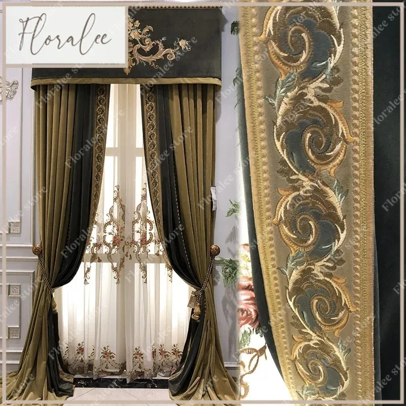 Luxury Fashion Grace High-grade Velvet Villa Blackout Luxury Embroidery Custom Size Curtains for Living Room Bedroom Dining