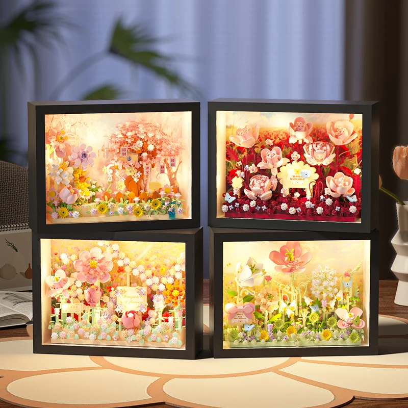 MOC Creative Flower 3D Frame Building Blocks Set, DIY Flower Puzzle with Background Board, Wall & Desk Decor Gift for Girls Kids view 6