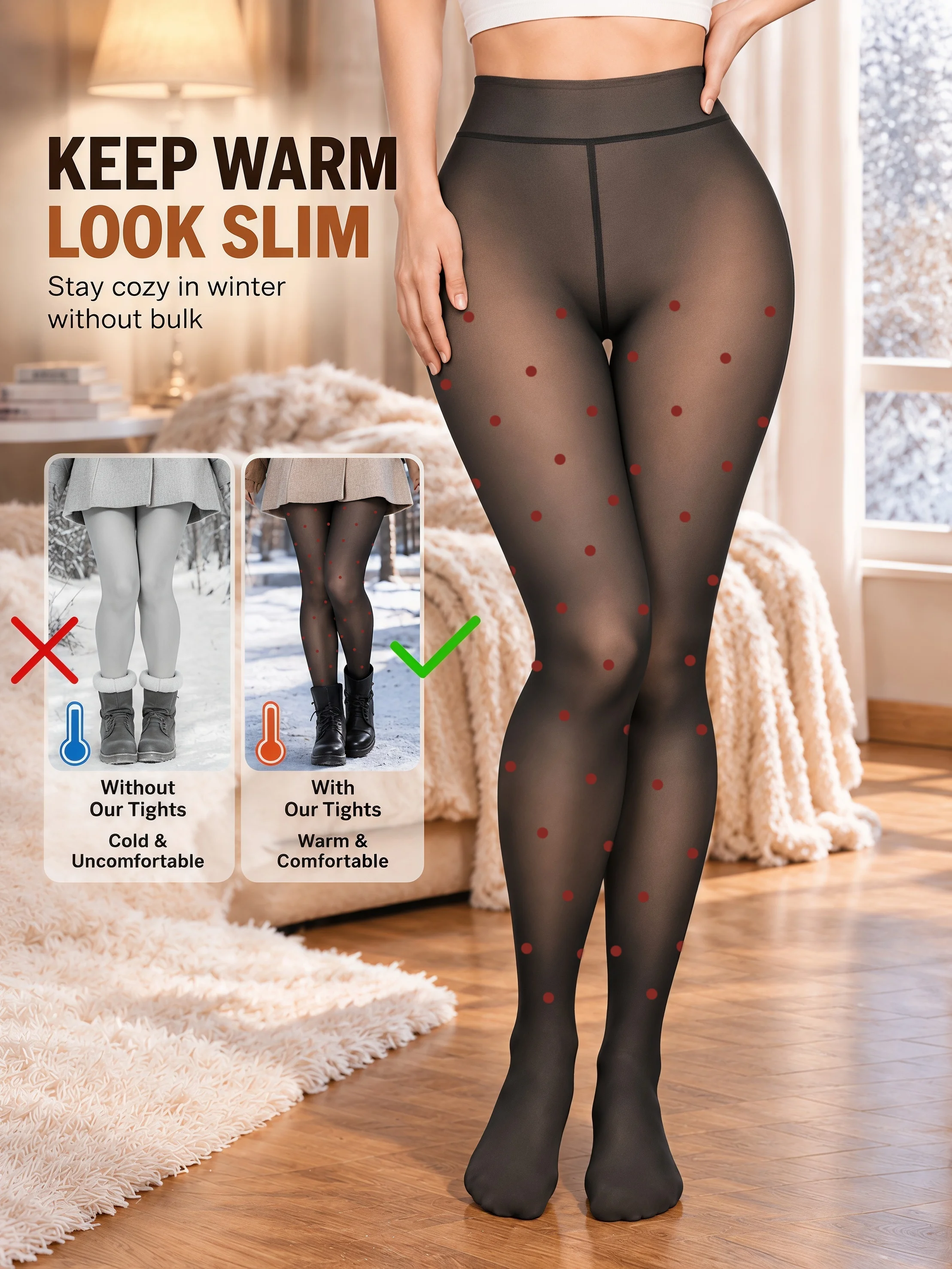 Women’s High Waist Red Heart Polka Dot Leggings High Elasticity Comfortable Skin Friendly Thermal Winter Pants for Outdoor