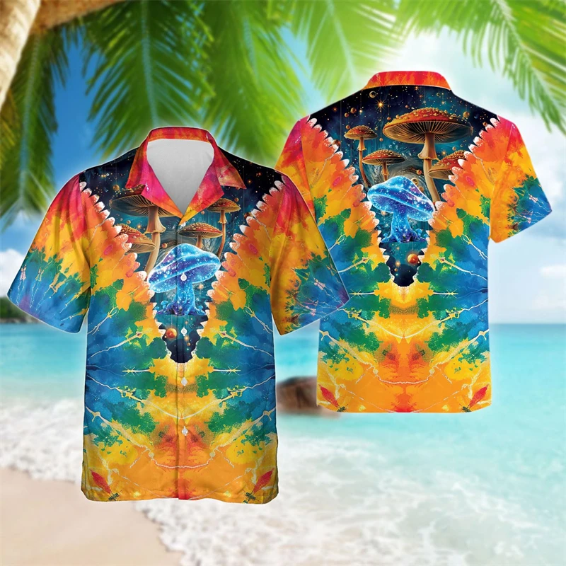 Fashion Mushroom Graphic Beach Shirts Colorful Forest Short Sleeve Shirt For Men Clothes Hip Hop Male Blouses Casual Women Tops